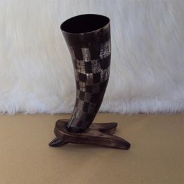 Carved Chequered Drinking Horn With Wooden Stand